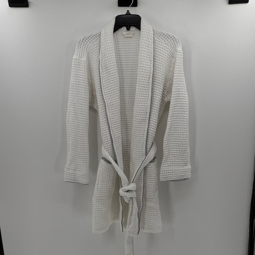 Boll & Branch Organic Cotton Waffle Bathrobe - White/Gray - Large